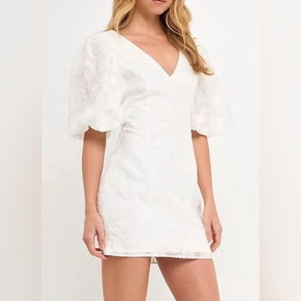 Amanda Uprichard Floral Jacquard White Puff Sleeve Mini Dress